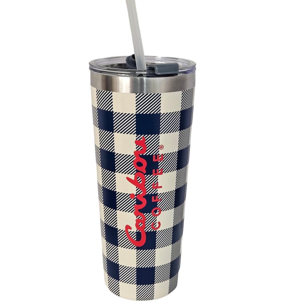 Caribou Coffee Tumbler 20oz Blue White Plaid Stainless Steel Travel Mug Straw